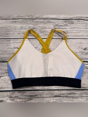 Brooks Sports Bra in Cream, Blue & Mustard, Crisscross Straps Size Medium